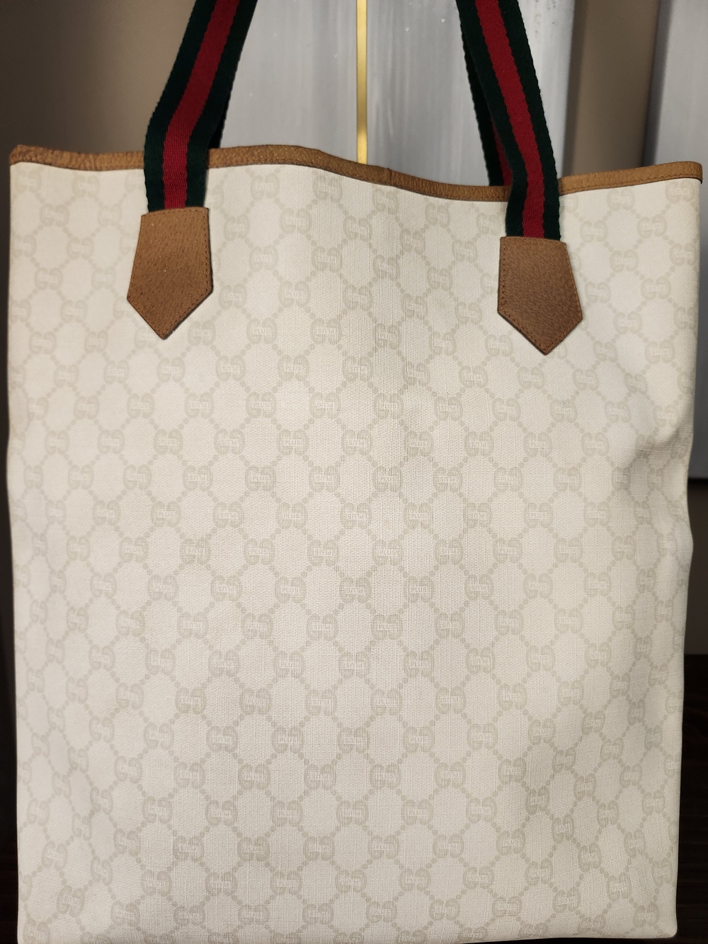 Gucci GG Plus White And Tan Sherry Line Supreme Tall Tote With Web Straps - Picture 4 of 16
